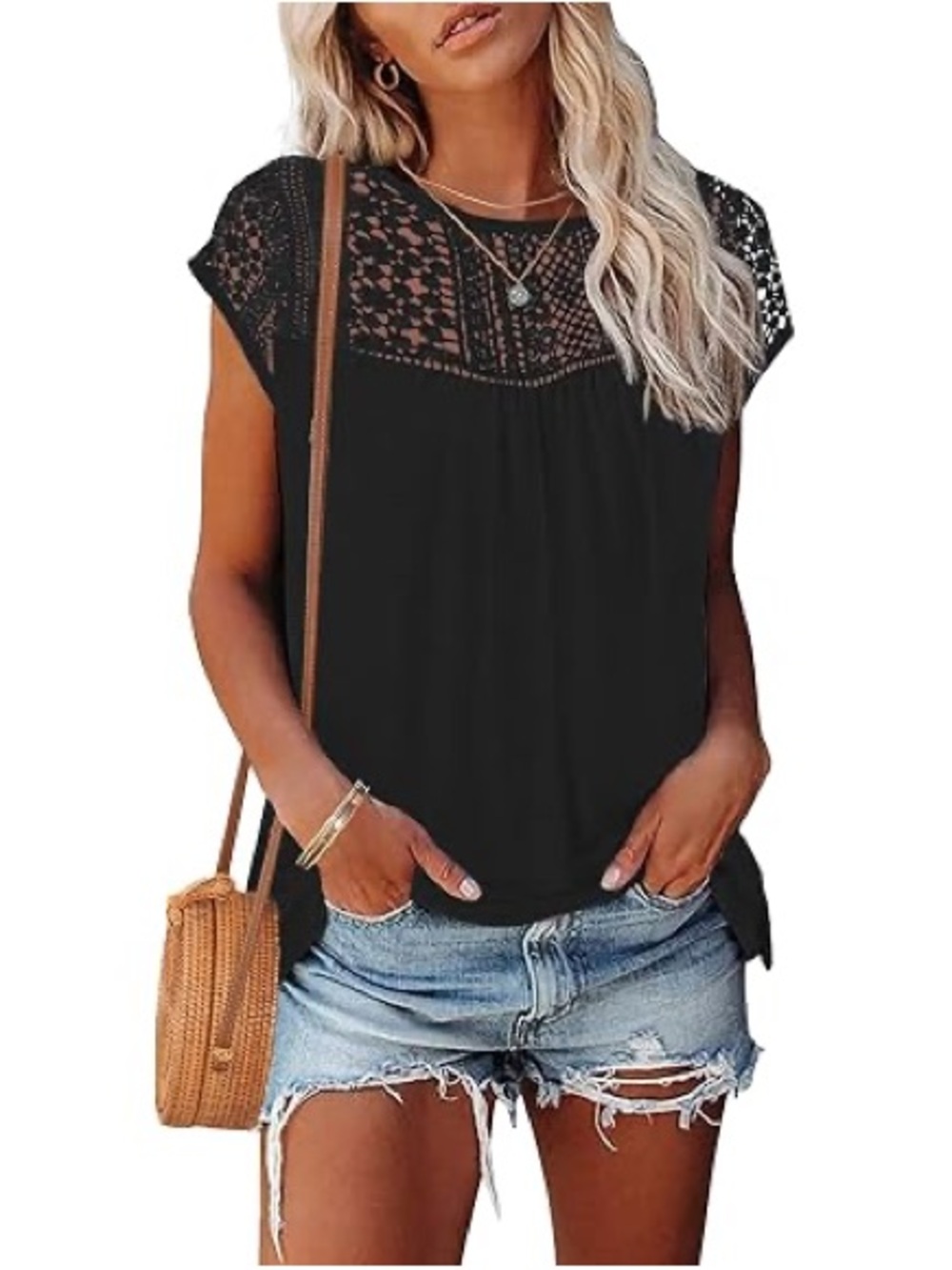 🖤 Black Crochet Yoke Cap Sleeve Top